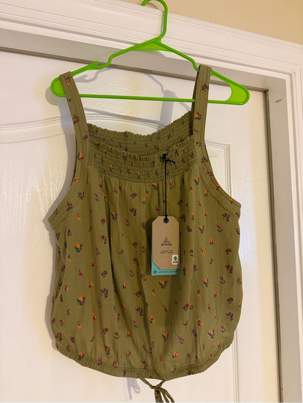 Prana Little Palm Cami Top Floral Smock Drawstring Hem Organic Cotton Size XL
